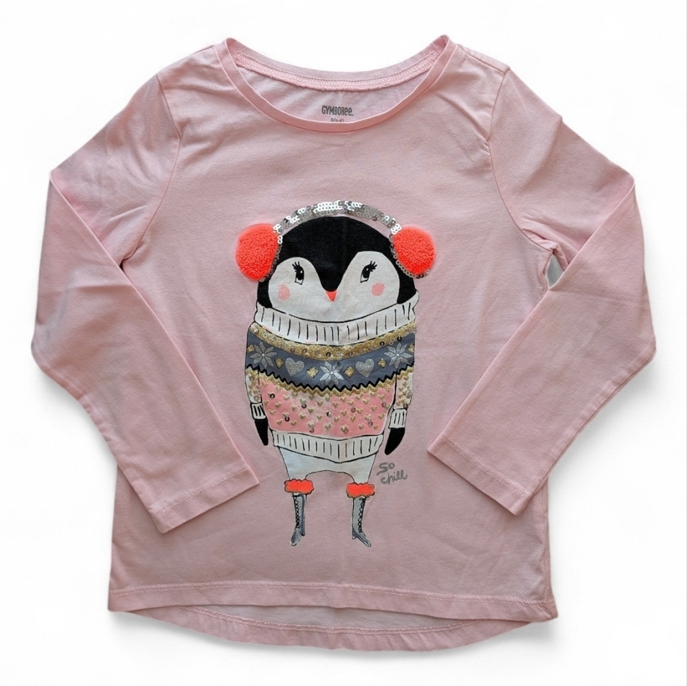 Gymboree Girls Light Pink Penguin Graphic Long Sleeve Tee Cotton Size S (5-6)